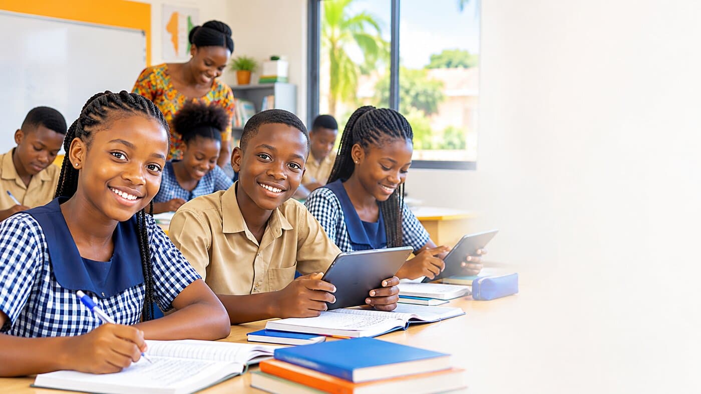 Des élèves en classe travaillent ensemble sur des ordinateurs et des tablettes.